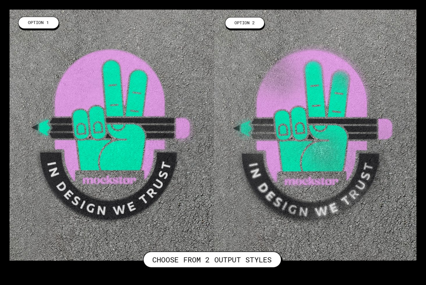 Graphic design mockup featuring two stylized peace sign options, textured slogan "IN DESIGN WE TRUST," for creative branding templates.